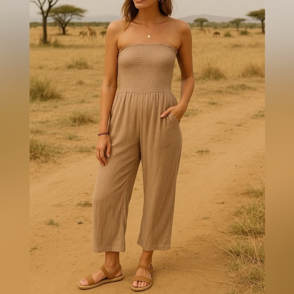 Love Tree Strapless Jumpsuit Romper Smocked Wide-Leg Boho Neutral Soft Summer - Picture 1 of 9